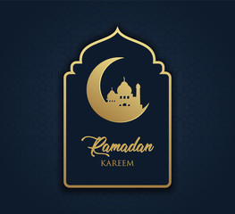 Ramadan Kareem greeting card. Month of fasting for Muslims. illustration of the crescent and mosque on a phantom blue background.