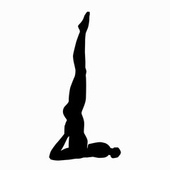 The girl practices yoga in  candle pose. The black silhouette of a woman doing  exercise, legs are raised up, hands support the body vertically. Stock vector illustration isolated on white background.