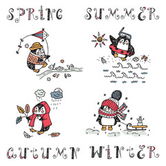 Penguins. Hand drawn doodle Cute penguins. Birds set. Seasons set. Four seasons icons. Times of year. Weather. Cartoon Funny penguins at different times of year - vector illustration
