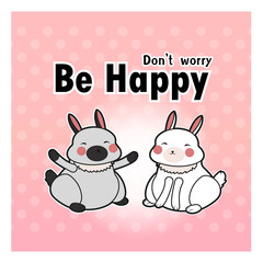 Kawaii 2 bunnies character on Pink pastel polka dots background. Don't worry Be happy.