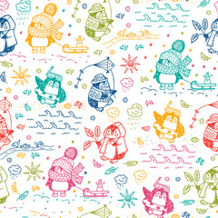 Penguins. Hand drawn doodle Cute penguins Seamless pattern. Four Seasons. Times of year. Weather. Funny penguins at different times of year - vector illustration
