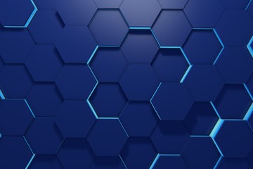 Glowing blue hexagon pattern background. 3D rendering
