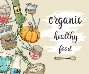 Organic healthy food. Banner with food and kitchenware
