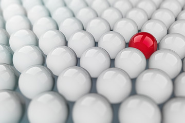 A brilliant red ball among white balls. Individuality. Concept. 3D rendering. Graphic illustration.