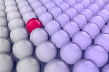 Red ball among white balls. Concept. 3D rendering. Graphic illustration.