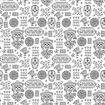 Mexico Vector Seamless pattern. Mexican items - Hand drawn doodle Mexican Day of the Dead Attributes and patterns
