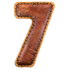 Number 7 made of leather. 3D render font with skin texture on white background.