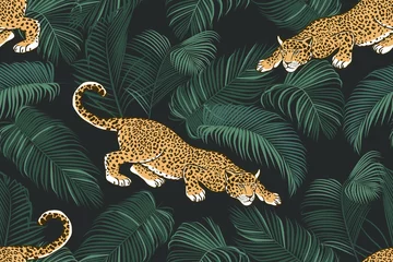  De stalking wilde jaguar en palmbladeren. .Exotisch naadloos patroon op een donkere achtergrond. Hand getekende jungle textuur. Vector illustratie. © INESA