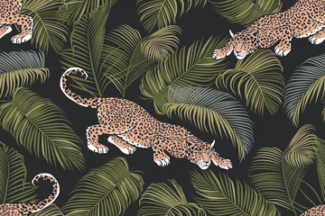 Foto op Plexiglas Tropische print De stalking wilde jaguar en palmbladeren. .Exotisch naadloos patroon op een donkere achtergrond. Hand getekende jungle textuur. Vector illustratie.