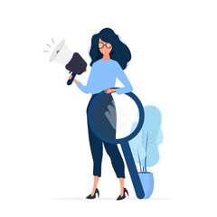 Girl with a shout and a magnifier. The concept of finding people to work. Isolated. Vector.