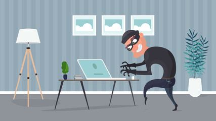 Thief in the house. A robber steals data from a laptop. Security concept. Thief man steals an apartment. Robbery at home. Flat style vector illustration.