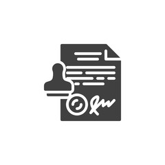 Legal document approval vector icon. filled flat sign for mobile concept and web design. Contract document with stamp and signature glyph icon. Symbol, logo illustration. Vector graphics