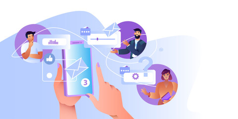 Social media concept with hands, smartphone, female and male characters. Online chat banner with message, folder, like icons. Remote teamwork background with business people.