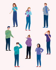 Obraz premium group of young people sick of coronavirus 2019 ncov vector illustration design