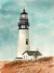 Watercolor picture of the Yaquina Head Lighthouse with a small house in the grass field