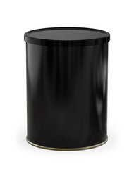 Round Black Gloss Tin Can with Plastic Lid. Container for Coffee, Baby Food, Dry Milk, Sugar, Snacks, Candy or Tea. 3D Render Isolated on White Background.