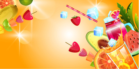 Summer background with fruit, cocktail, lemonade, ice, strawberry. Exotic beach party banner with cold beverages and copy space. Tropical sunny concept for menus, advertisements, flyers