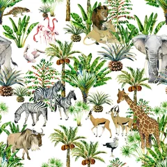 Keuken foto achterwand Tropische print naadloze patronen met safaridieren en tropische bomen. jungle natuur aquarel illustratie. giraffe, zebra, antilope, flamingo, olifant, leeuw, pelikaan. dieren in het wild