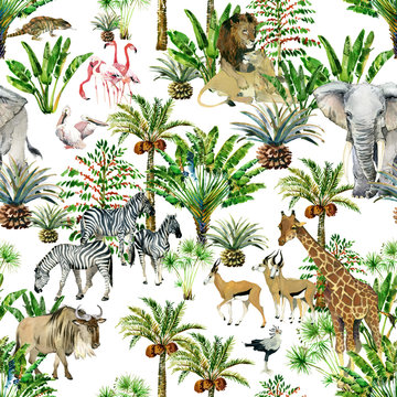 seamless patterns with safari animals and tropical trees. jungle nature watrcolor illustration. giraffe, zebra, antelope, flamingo, elephant, lion, pelican. wildlife © Елена Фаенкова