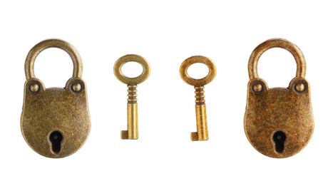 Yellow iron hinged lock, key. Metal product, bronze, brass. Isolated object on white background. Photograph.