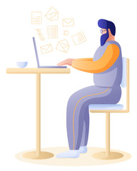 Minimalist Vector Flat Illustration. Young Man With Beard Sits at Desk with Laptop Operating Many Tasks. Concept of Remote Work or Study From Home During Quarantine