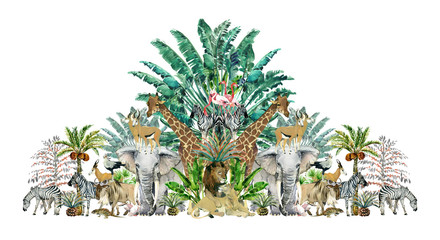 Tropical vintage botanical island. Watercolor border with safari animals and palm trees. Exotic jungle wallpaper.