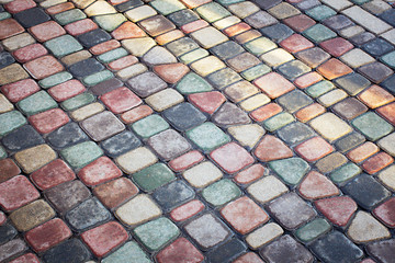 Colorful tile stone texture on the boulevard after rain. Copy space.