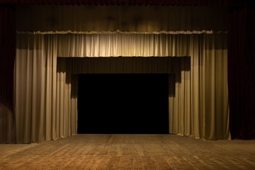 Theatrical scene without actors, scenic light, curtain and smoke