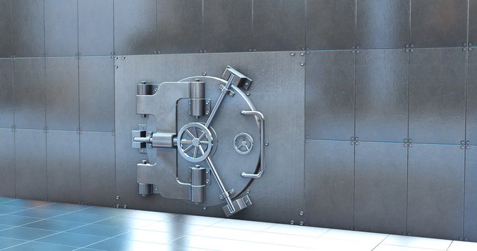 Close up of steel bank vault door, 3D Render