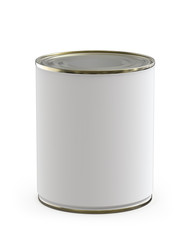 Tall Round Tin Can for Food with White Blank Label. Realistic 3D Render Isolated on White.