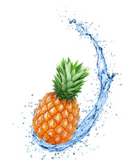 Whole pineapple in water splash with full depth of field isolated on white background.