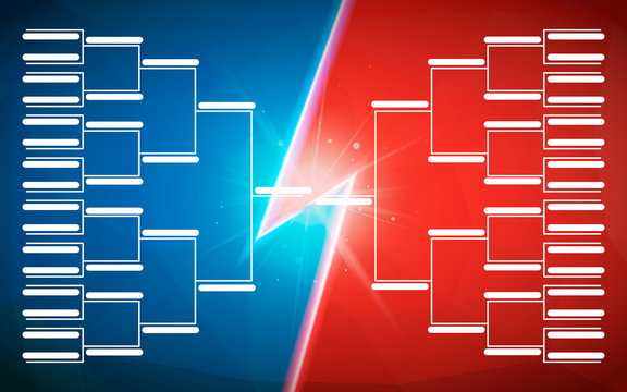 Tournament bracket template for 32 teams on blue and red background with flash