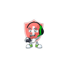 A cartoon design of medical shield talented gamer play with headphone and controller