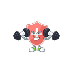 Fitness exercise medical shield cartoon character using barbells