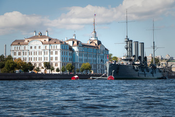 St. Petersburg, Russia - View of the cruiser Aurora on the Neva. Boat trip on the river.