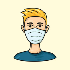 Blond man wearing medical masks to protect from COVID-19