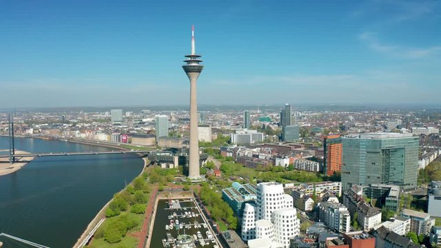 Düsseldorf Germany during spring aerial footage