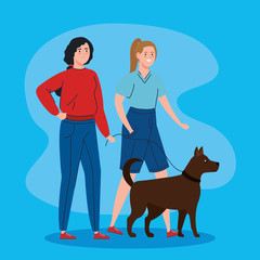 young women walking with dog mascot vector illustration design