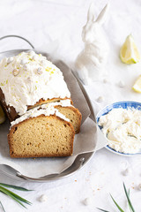Slice of fresh baked homemade lemon cake