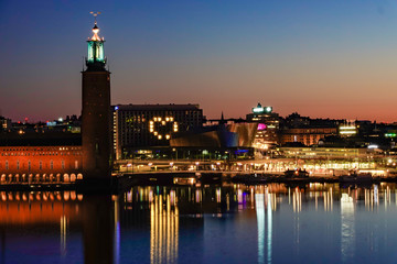 Fototapeta na wymiar Stockholm, Sweden The City Hall in the early morning lit up with a heart.