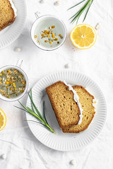 Slice of fresh baked homemade lemon cake