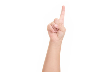 image of boy's finger pointing  isolated on white background.