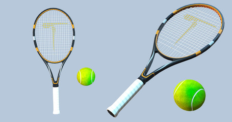 Tennis rackets and ball on white background