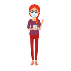 young woman with face mask and documents vector illustration design