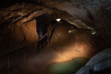 Abkhazia, underground caves of New Athos. Stalactites and stalagmites.