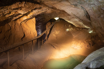 Abkhazia, underground caves of New Athos. Stalactites and stalagmites.