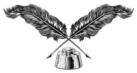 A motif featuring two quill feather antique pens crossed over an ink well. In a retro vintage engraved or etched woodcut print style. © Christos Georghiou