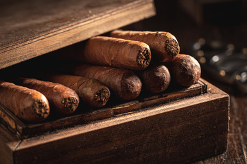 Closeup of tasty cigars lay in wooden box