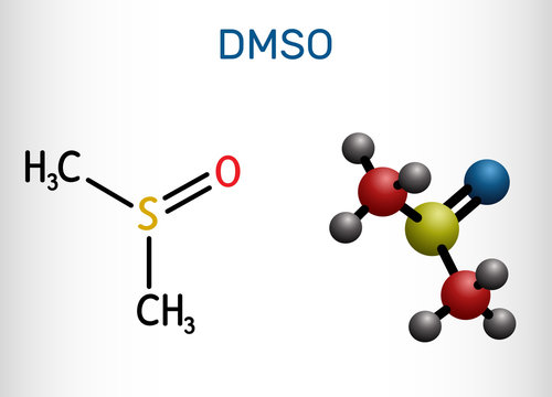 Dimethyl sulfoxide, DMSO, C2H6OS molecule. It is an organosulfur compound, polar aprotic solvent. Structural chemical formula and molecule model