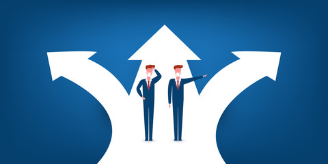 Choose the Right Direction to Going Forward - Alternative Ways, Business Decision Design Concept with Businessmen at Road Intersection - EPS10 Vector Illustration
